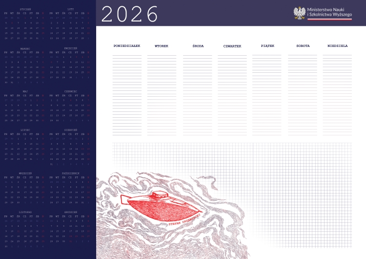 Projekt graficzny biuwaru MNiSW z rocznym kalendarium i rysunkiem łodzi podwodnej.