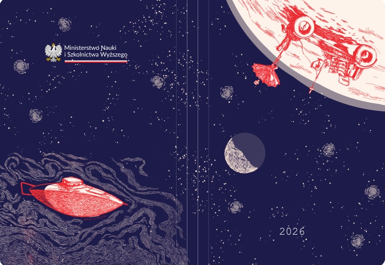 Projekt okładki kalendarza MNiSW 2026 - rysunki łazika na Księżycu i łodzi podwodnej na tle kosmosu.