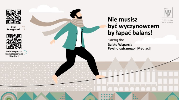 Mężczyzna balansuje na linie, budynki uczelni w tle. Hasło: Nie musisz być wyczynowcem by łapać balans!