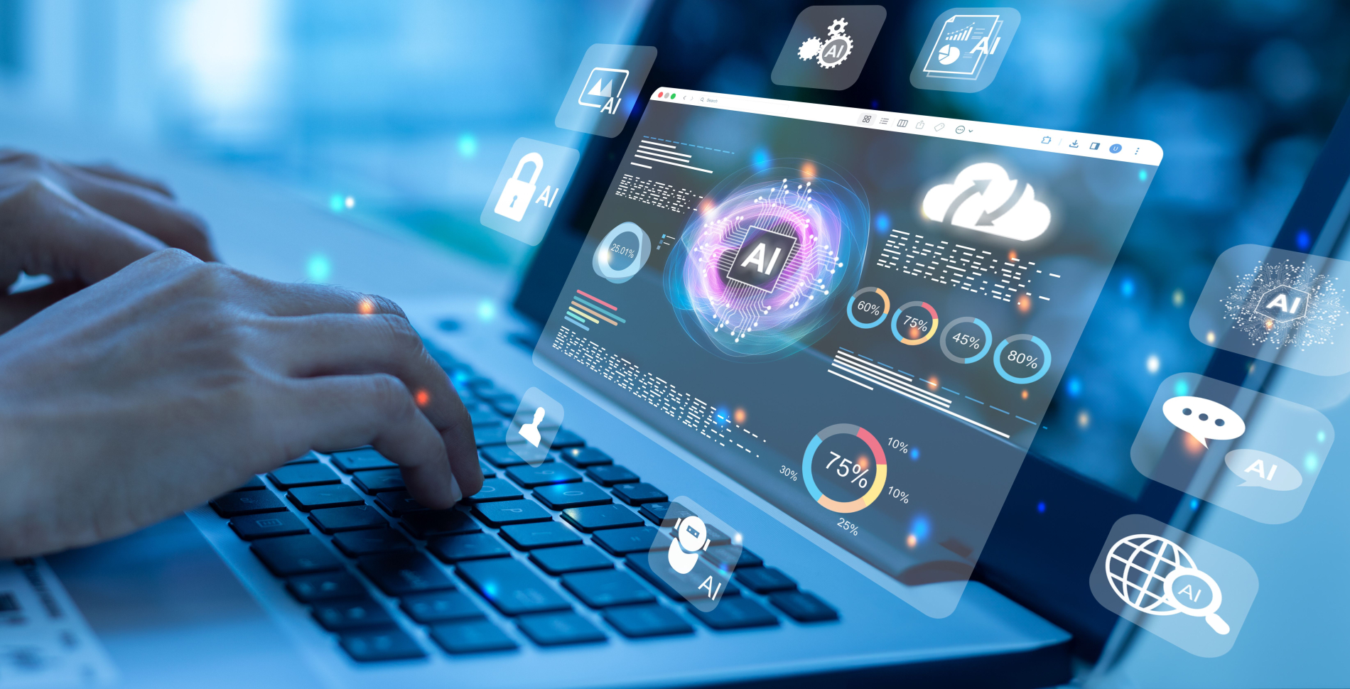 Dłonie osoby pracującej na laptopie, na którego ekranie wyświetlają się interaktywne ikony i wykresy związane z sztuczną inteligencją (AI) i chmurą danych. Symbolizuje pracę z AI i analizę danych.