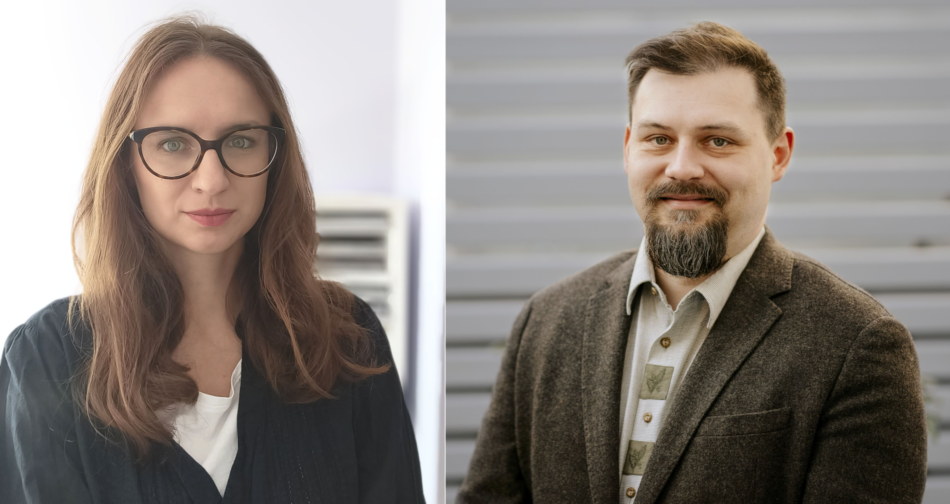 Kolaż zdjęć. Po lewej portret uśmiechniętej kobiety w okularach, po prawej uśmiechnięty mężczyzna z brodą w brązowej marynarce.