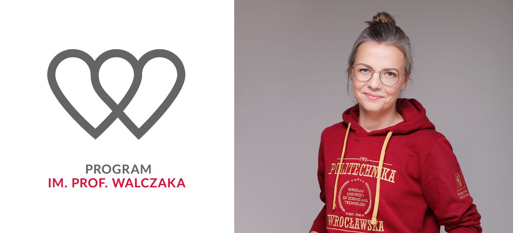 Grafika z logotypem programu oraz zdjęcie kobiety w okularach i bluzie politechniki wrocławskiej