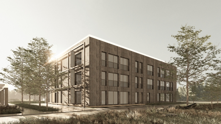 Wizualizacja nowoczesnego budynku o prostej bryle z elewacją z naturalnych materiałów.