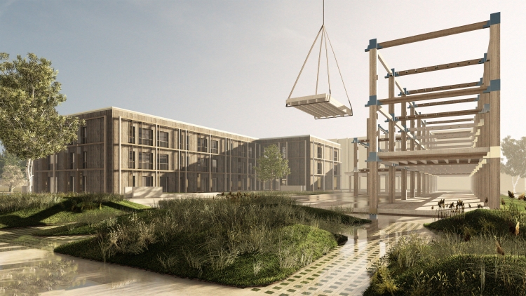 Wizualizacja nowoczesnego budynku z naturalnych materiałów w trakcie budowy systemem modułowym. Teren zielony wokół.