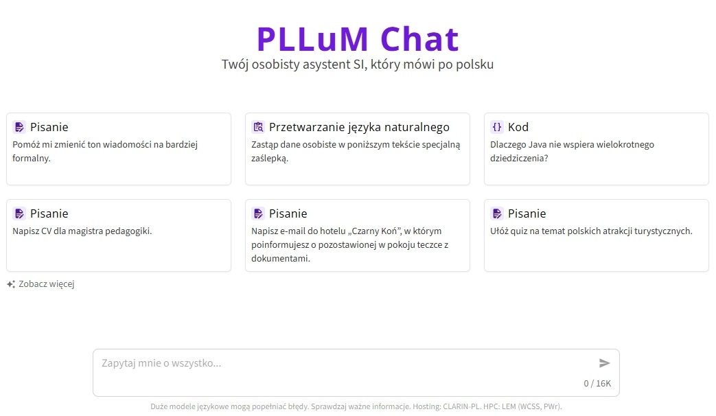 Zrzut ekranu: Strona internetowa narzędzia PLLuM Chat z logo, opisem i sześcioma kafelkami przedstawiającymi przykładowe zapytania. Na dole pole tekstowe do wprowadzania zapytań i informacja o hostingu.