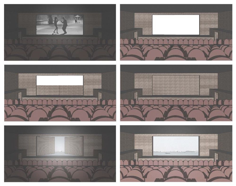 Roboczy schemat przedstawiający zasadę działania okiennicy w sali kinowej