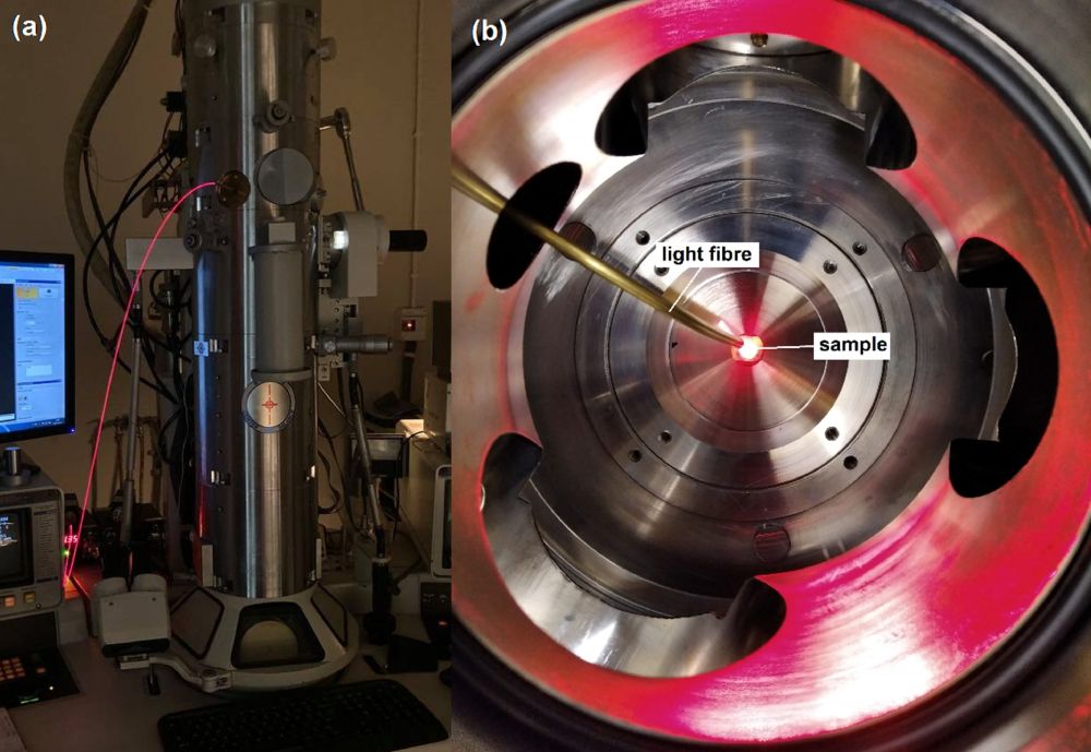  TEM z oświetlaczem roboczym (a) i układem oświetlenia wewnątrz mikroskopu, widocznym po zdjęciu układu kondensora (b).