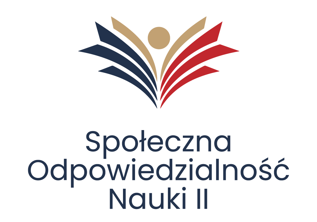Grafika z kolorowym logiem i napisem Społeczna Odpowiedzialność Nauki II