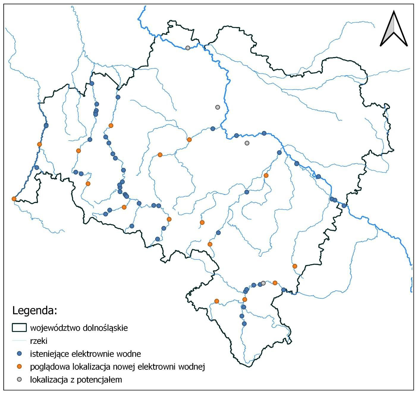 Poglądowa mapa elektrowni wodnych po wprowadzeniu zmian zgodnie z zalecanymi działaniami