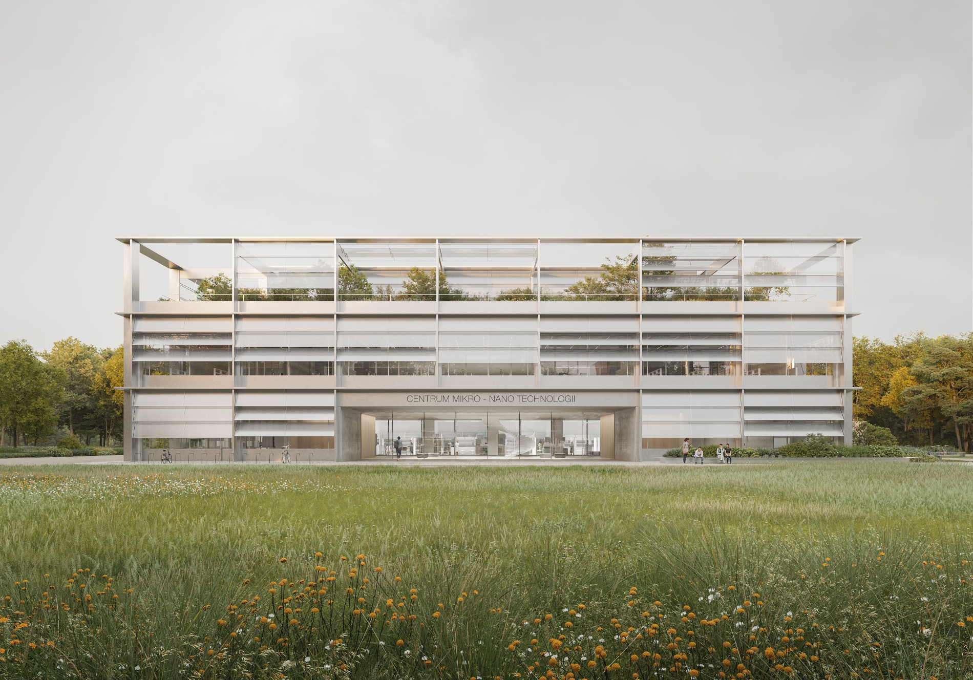 Wizualizacja nowoczesnego, wielopoziomowego budynku badawczego z przeszkloną fasadą i tarasem porośniętym zielenią, otoczonego rozległą łąką z kwiatami
