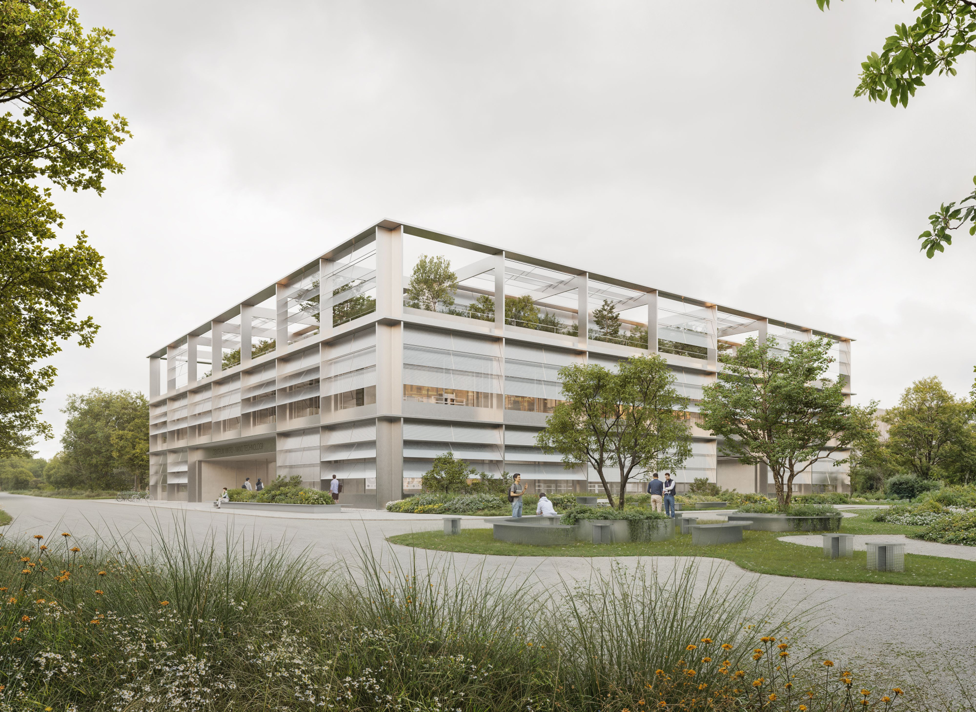 Wizualizacja bocznej fasady nowoczesnego centrum badawczego z poziomymi żaluzjami, w otoczeniu zieleni i drzew