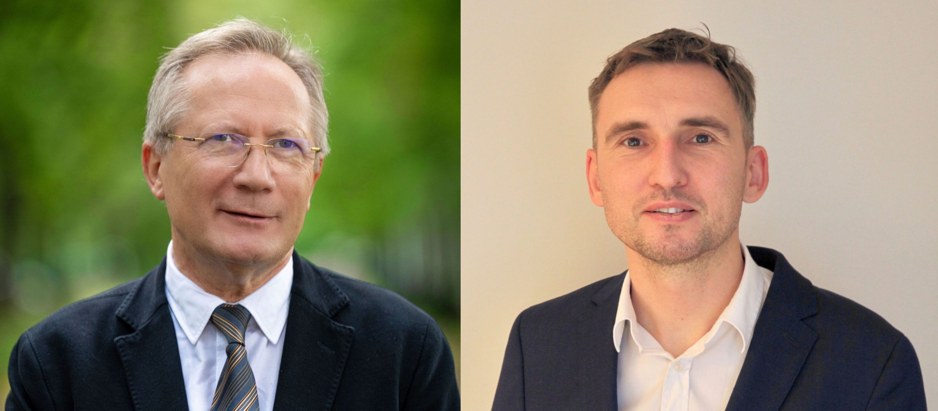 Połączone portrety dwóch mężczyzn: starszego w okularach i garniturze oraz młodszego w marynarce i białej koszuli.