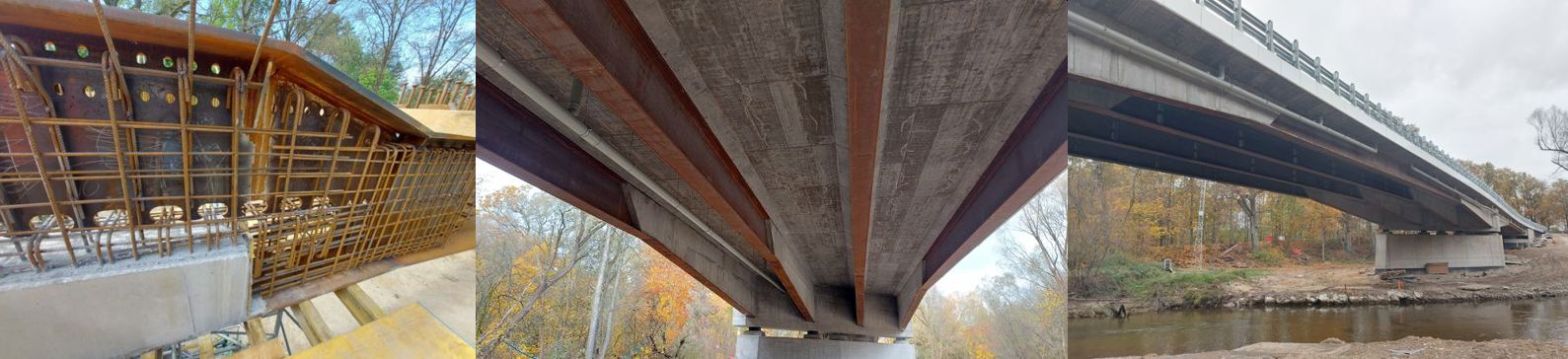 Kolaż trzech zdjęć przedstawiający etapy budowy mostu: zbrojenie pod płytę pomostu, widok od spodu na stalowe dźwigary nad rzeką oraz ukończony wiadukt nad ciekiem wodnym w jesiennym krajobrazie.