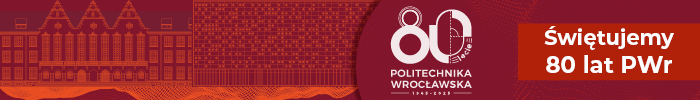 Baner w kolorach czerwieni z grafiką budynków Politechniki Wrocławskiej oraz logotypem jubileuszu 80-lecia uczelni. Po prawej stronie znajduje się napis „Świętujemy 80 lat PWr”.