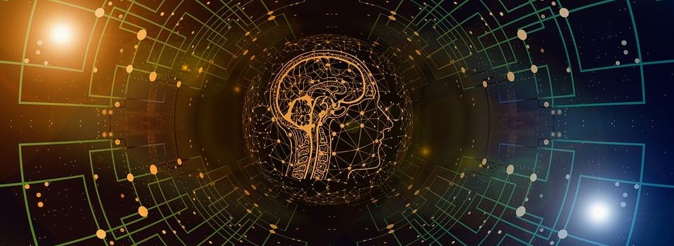 Grafika przedstawiająca ludzki mózg w sieci połączeń, symbolizująca sztuczną inteligencję i technologię.