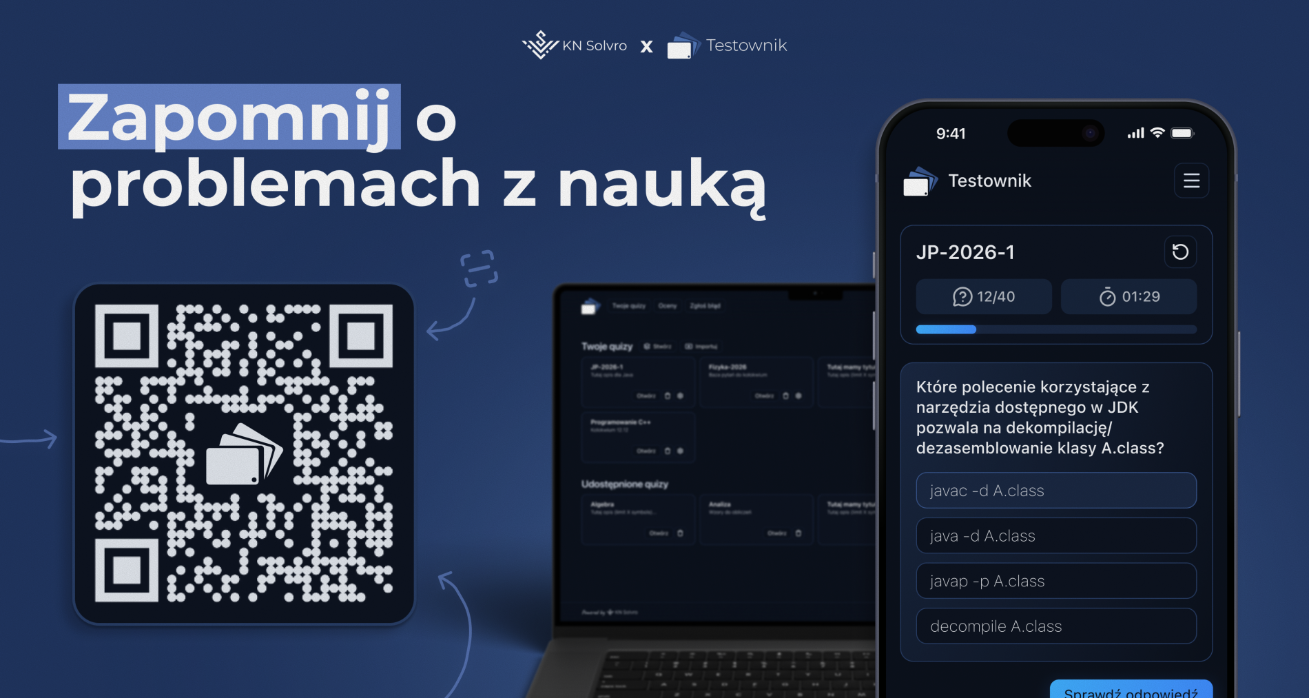 Grafika promocyjna aplikacji „Testownik” na ciemnoniebieskim tle. Po lewej napis „Zapomnij o problemach z nauką” oraz duży kod QR.