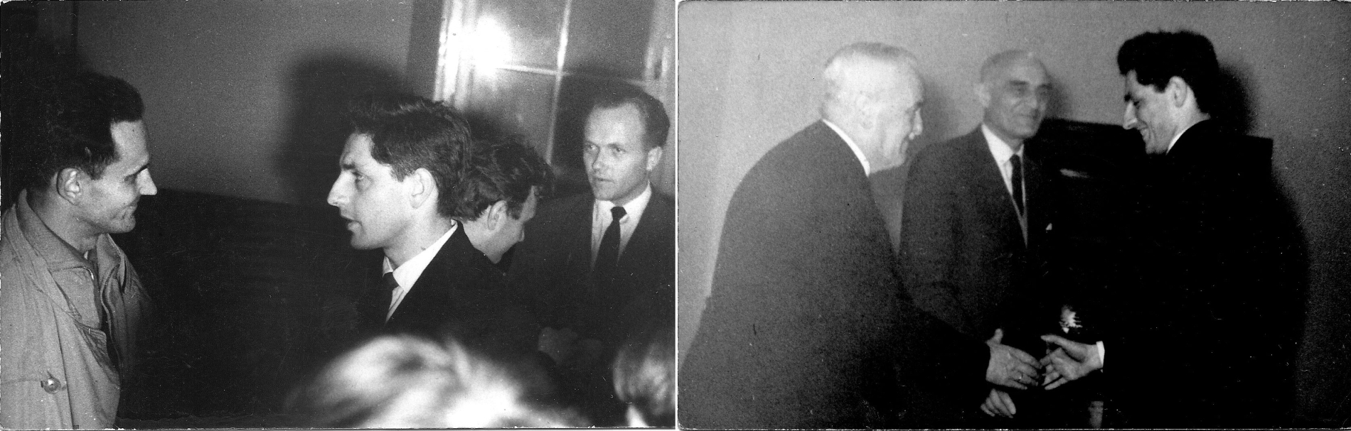 Podwójne, czarno-białe zdjęcie. Po lewej dwóch mężczyzn rozmawia ze sobą. Jeden ma na sobie jasną koszulę, drugi ciemną marynarkę i krawat. Po prawej, ten sam mężczyzna w ciemnej marynarce wita się uściskiem dłoni z starszym mężczyzną.