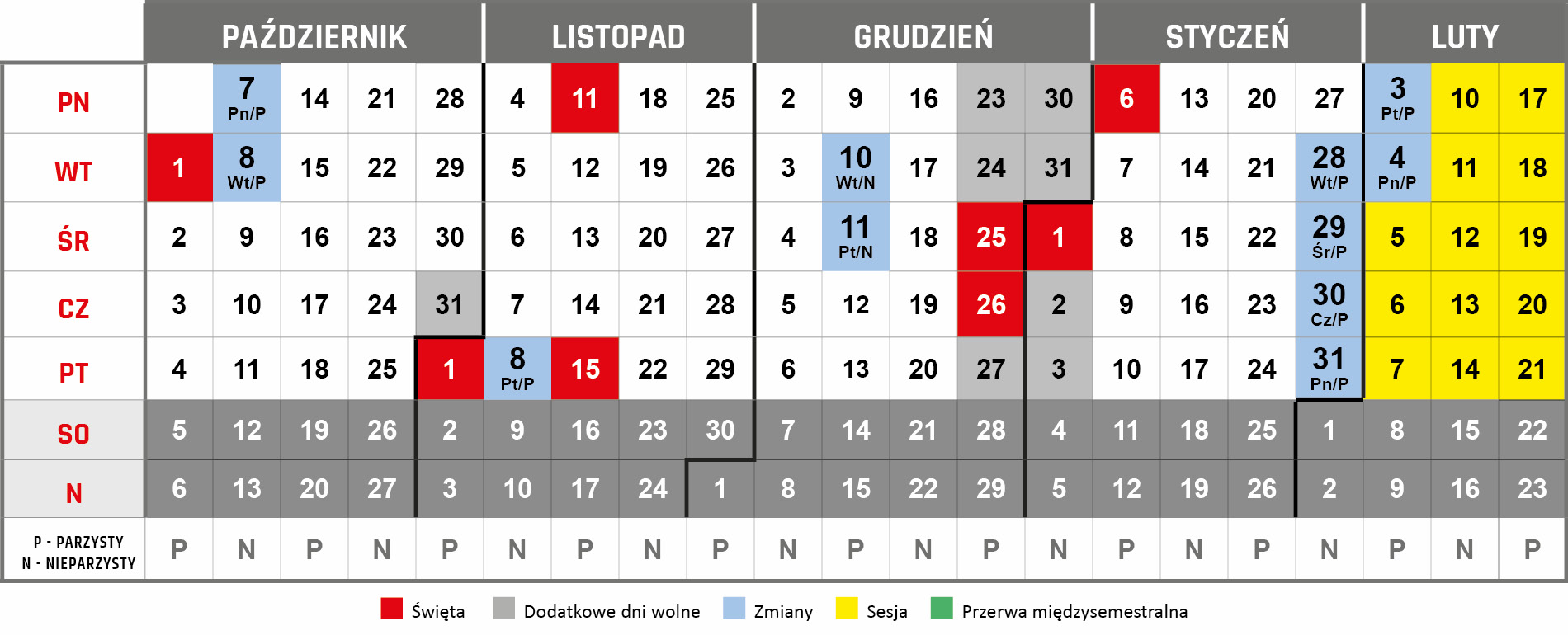 kalendarz akademicki 2024/25, semestr zimowy