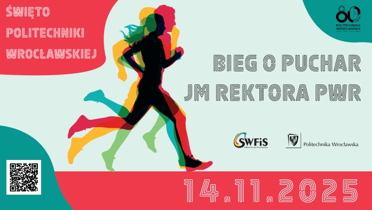 Plakat: Bieg o Puchar JWM Rektora PWr. Kolorowe sylwetki biegnących.