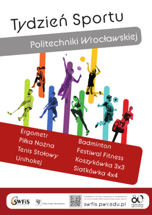 Plakat: Tydzień Sportu Politechniki Wrocławskiej. Kolorowe sylwetki graczy, nazwy dyscyplin.