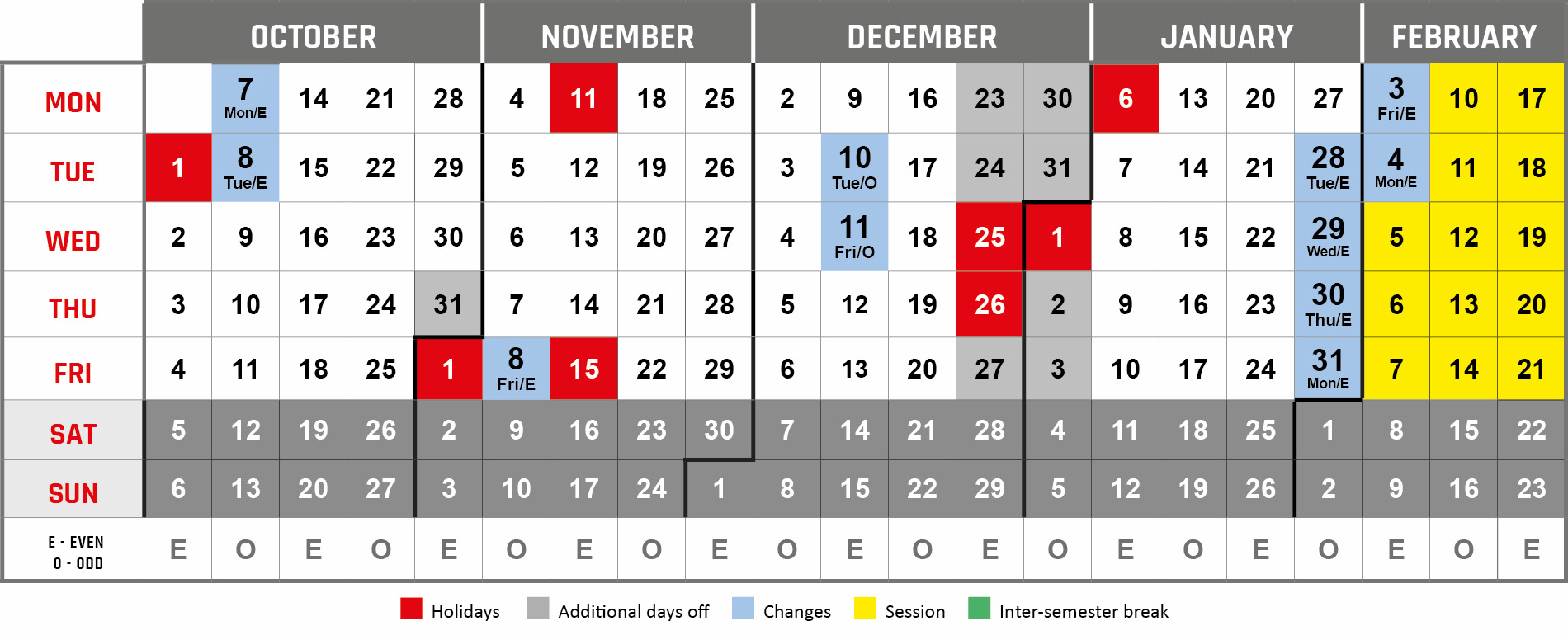 academic calendar 2024-25, winter semester