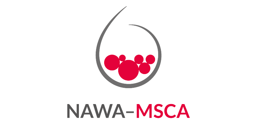 Logo programu NAWA-MSCA. Grafika przedstawia szary okrąg z zakrzywioną linią u góry, a w środku sześć okrągłych, czerwonych elementów. Poniżej napis "NAWA-MSCA", gdzie MSCA jest wyróżnione kolorem czerwonym.